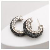 Silver-Tone and Black Hoop Earrings