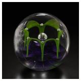 Art Glass Paperweight with Green and Purple Design