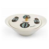 Lidded White Ceramic Bowl with Abstract Design