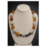 Beaded Necklace With Amber-Tone and White Beads