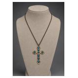 Metal Cross Pendant Necklace With Blue Stones