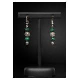 Green and Silver-Tone Beaded Dangle Earrings