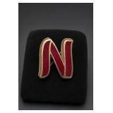 Red and Gold-Tone Letter N Pin
