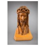 Carved Wood Jesus Bust With Crown of Thorns
