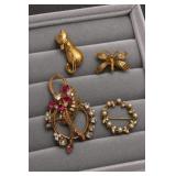 Gold-Tone Brooch and Pin Group With Faux Pearls and Red Stones