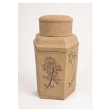 Lidded Tan Ceramic Jar With Floral Design