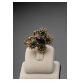 Gold-Tone Ring With Green and Black Stones