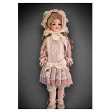Porcelain Doll in Pink Lace Dress and Bonnet