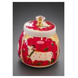 Red and White Ceramic Lidded Jar With Animal Motif