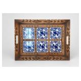 Carved Wood and Blue-White Tile Serving Tray