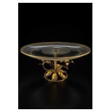 Gold-Tone Tole Rose Glass Cake Stand