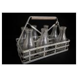 7 Vintage Glass Milk Bottles with Carrier
