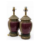Pair of Burgundy Brass-Tone Urn Table Lamps