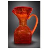 Orange-Red Crackle Glass Pitcher