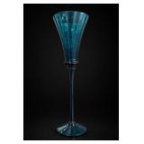 Tall Blue Ribbed Glass Trumpet Floor Vase