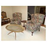 Brass Top Tray Table from India and two Reclining Wing Chairs