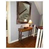 Faux Leather Console Table and Beveled Ornate Mirror
