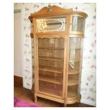 Oak Curved Glass China Cabinet with Carvings