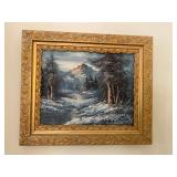 Lovely Framed Oil on Canvas - Stream, Trees, Mountains,