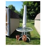 Patio Table, Umbrella, Pots