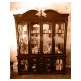 Mahogany lighted china cabinet  with china & crystal