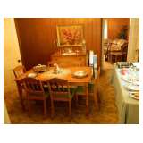 Vintage dining room table and chairs, lots of silverplate serving pieces