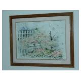 Print of swans on lake, flowers and trees