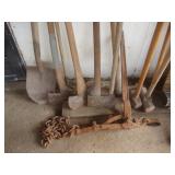 Axes, yard tools, J. Shaffer come along