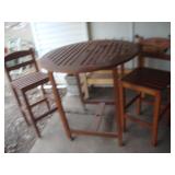 Counter height redwood table w 2 chairs
