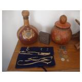 Leather covered bottles, jewelry