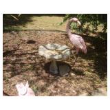 Concrete bird bath, metal flamingo