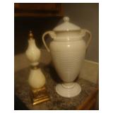 Alabaster pediment, tall ceramic jar