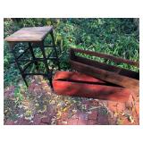 Metal table, antique pine tool boxes