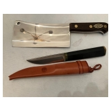 Volvo hunting knife w leather sheathe, Gonon Gironde France cleaver