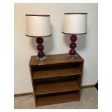 Small shelf, pair of red glass lamps