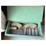 Large set of wooden blocks in old wooden chest