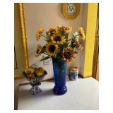 Blue & white compote w lemons, large cobalt vase w sunflowers