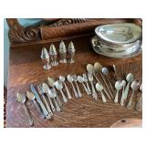 Sterling silver spoons, silverplate salt & pepper shakers