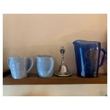 Blue glass sugar & creamer, Shirley Temple pitcher