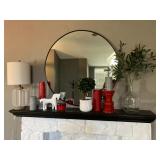 Large round mirror, candlesticks, contemporary table lamp
