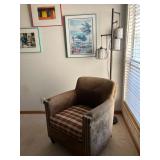 Suede leather chair w plaid cushion, contemporary floor lamp