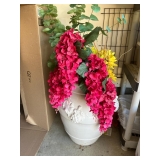 Large white garden pot w colorful flowers