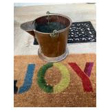 JOY door mat, antique solid copper bucket w spout