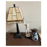 Lamp w leaded glass shade, A. Santini golfer sculpture, leaded glass snowman lamp