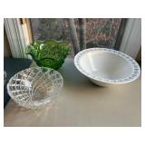 Rogaska cut crystal bowl, green glass bowl w/ ruffled edge, Metlox bowl