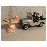 Vintage head vase, tin toy army jeep