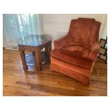Mahogany end table, armchair w rust upholstery