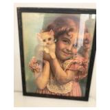 Antique print girl w kitten