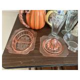 Pink depression glass divided dish, reamer w underplate