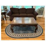 Marble-top coffee table, sofa w brown upholstery